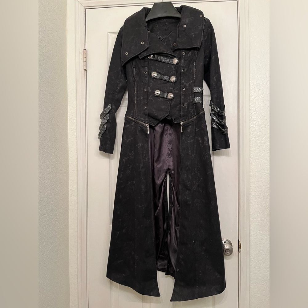 Punk Rave trench coat with removable hood/tail and adjustable collar.